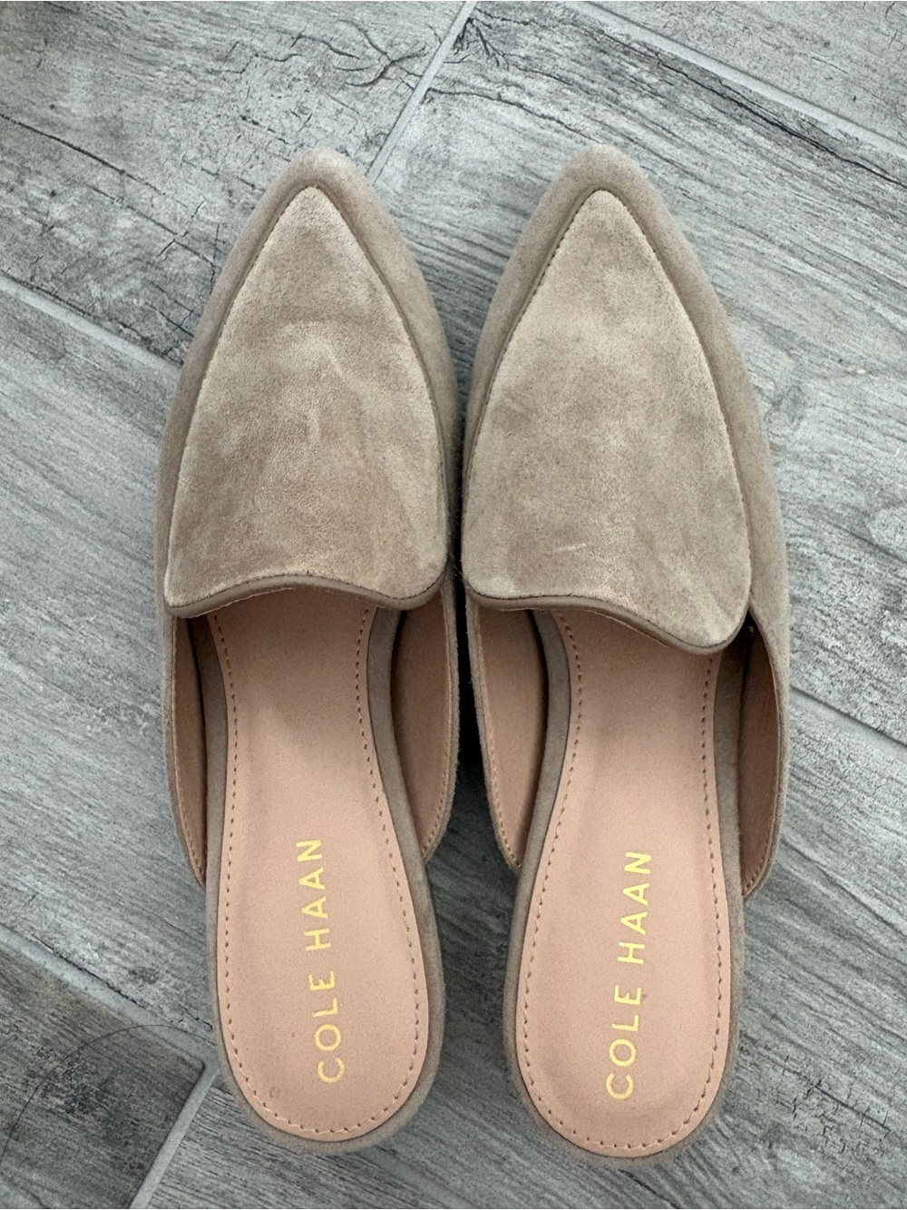 Cole Haan Taupe Suede Pointed-Toe Mule Slides